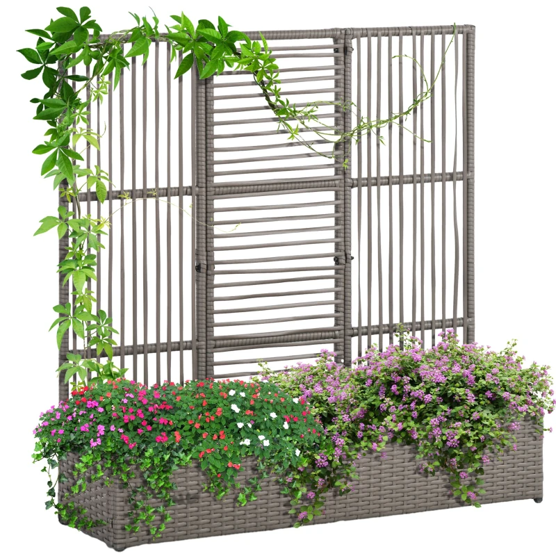 Outsunny Raised Garden Bed with Lattice Trellis, Rattan Outdoor Planter with Storage for Garden, Patio, Balcony, Grey