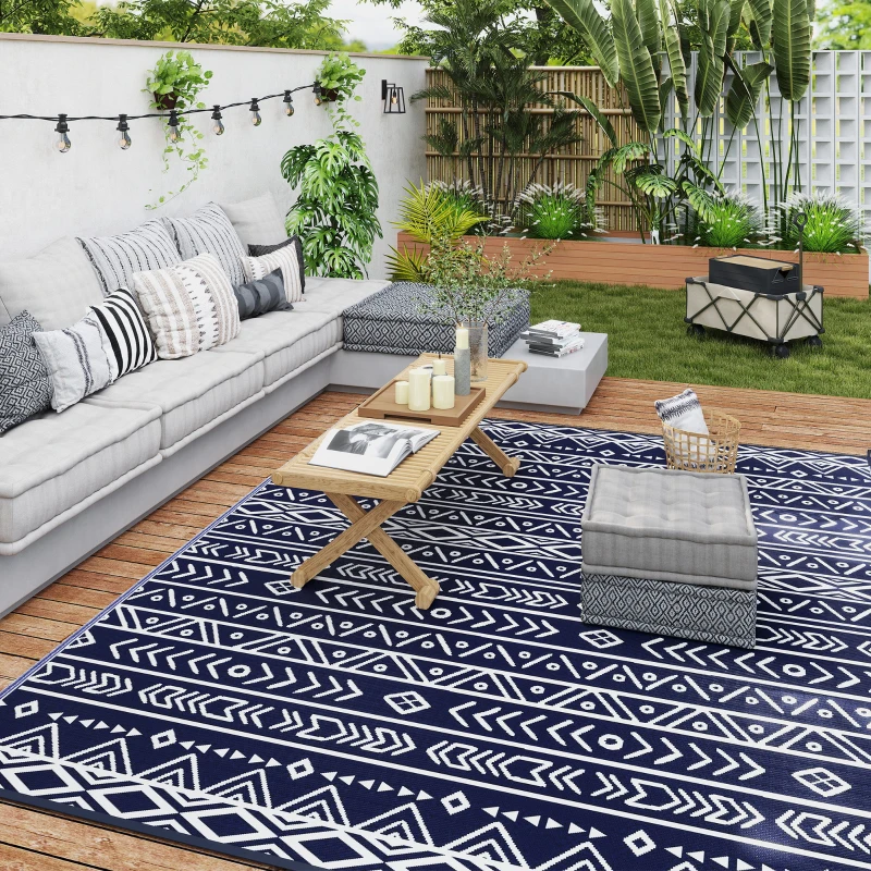 Outsunny Reversible Outdoor Rug, Waterproof Plastic Straw with Carry Bag, 8' x 10', Blue & White Geometric