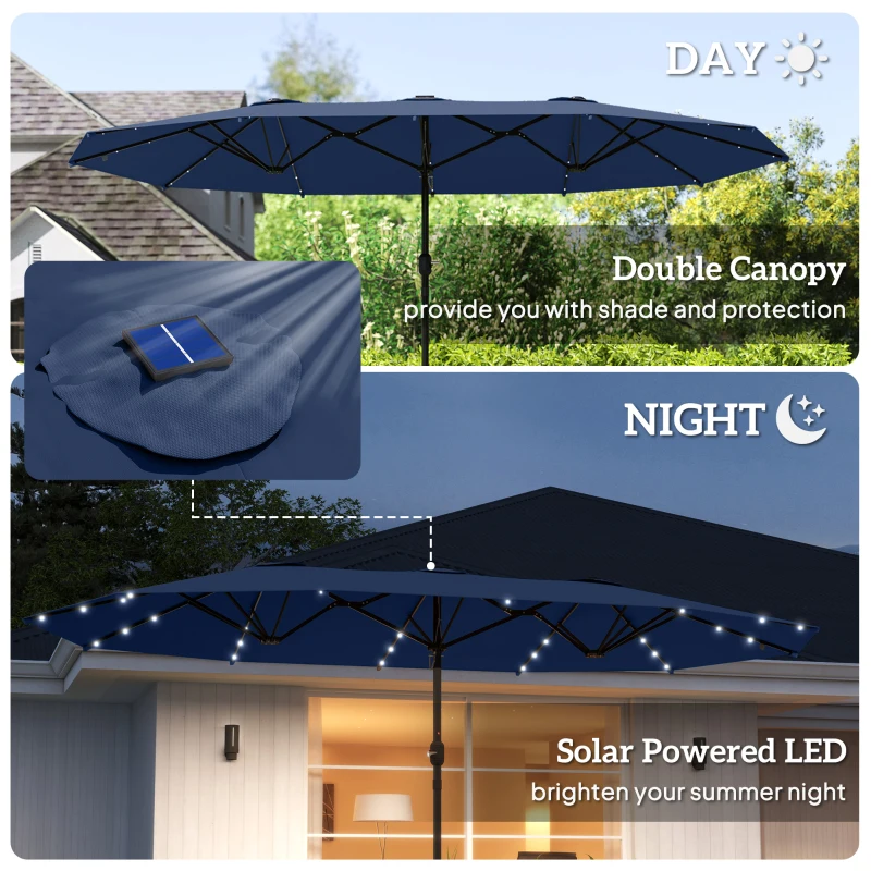 Outsunny Garden Parasol 14.4ft Double-Sided Sun Umbrella with Base, Patio Parasol with LED Solar Lights, Navy Blue