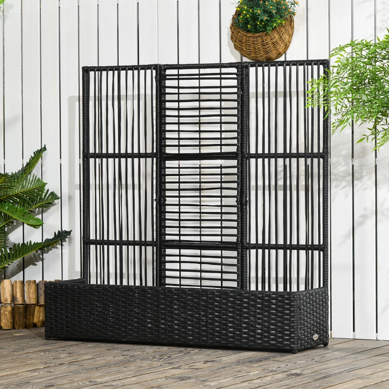 Outsunny Raised Garden Bed with Lattice Trellis, Rattan Outdoor Planter with Storage for Garden, Patio, Balcony, Black