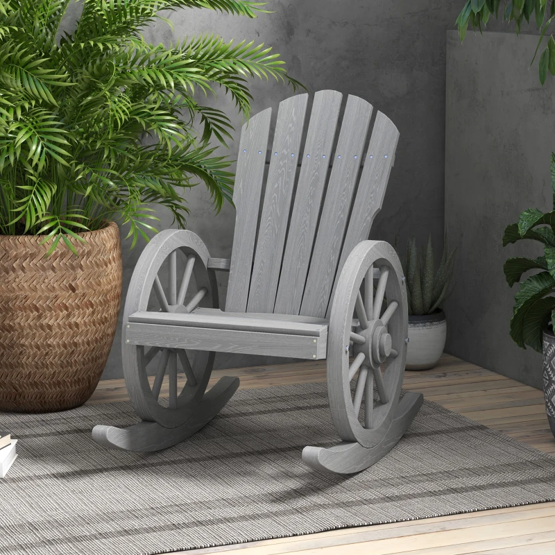 Outsunny Patio Wooden Rocking Chair, Wagon Outdoor Rocker Chair with Slatted Design and Wheel Armrests for Garden, Grey