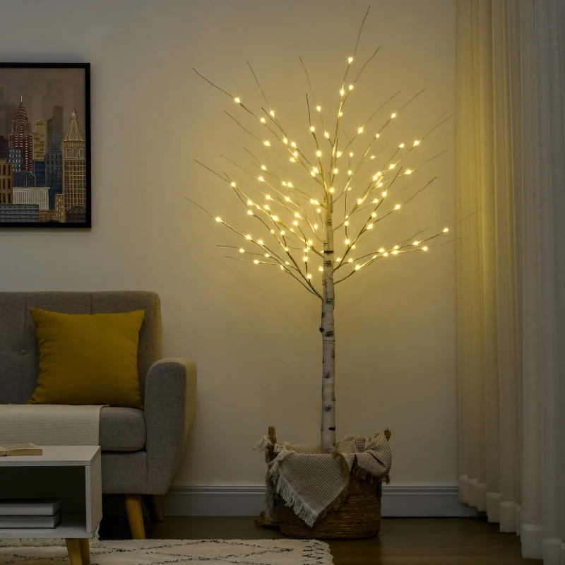 HOMCOM 6 ft Artificial Birch Tree Light with Pre-Lit LED Light for Home Party, Indoor and Covered Outdoor Use