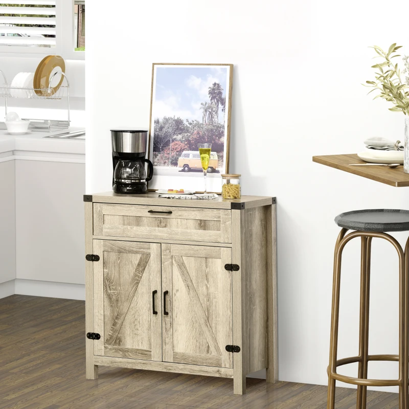 HOMCOM Modern Farmhouse Sideboard with Storage, Buffet Cabinet with 2 Barn Doors and Drawer for Dining Room, Oak
