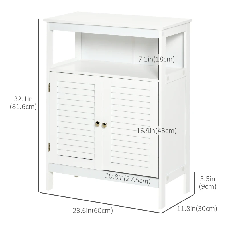 kleankin Bathroom Floor Storage Cabinet, Freestanding Bathroom Cabinet with Shutter Doors, Open Shelf and Adjustable Shelf, White