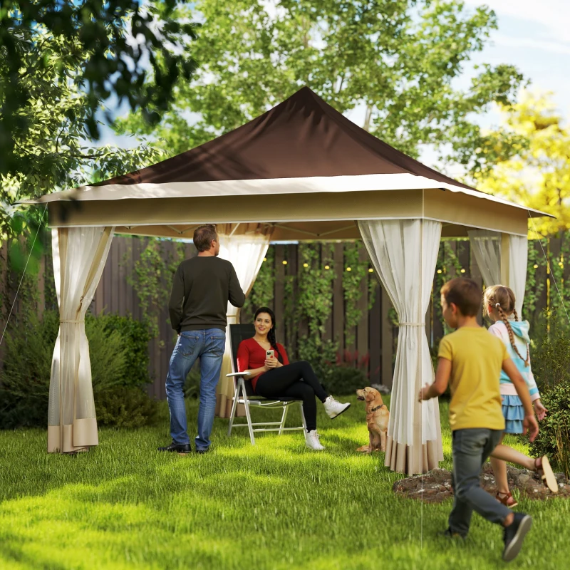 Outsunny 12 x 12 ft. Canopy Tent with Mesh Netting, UPF50+ Pop Up Tent with Carry Bag for Garden, Patio, Brown