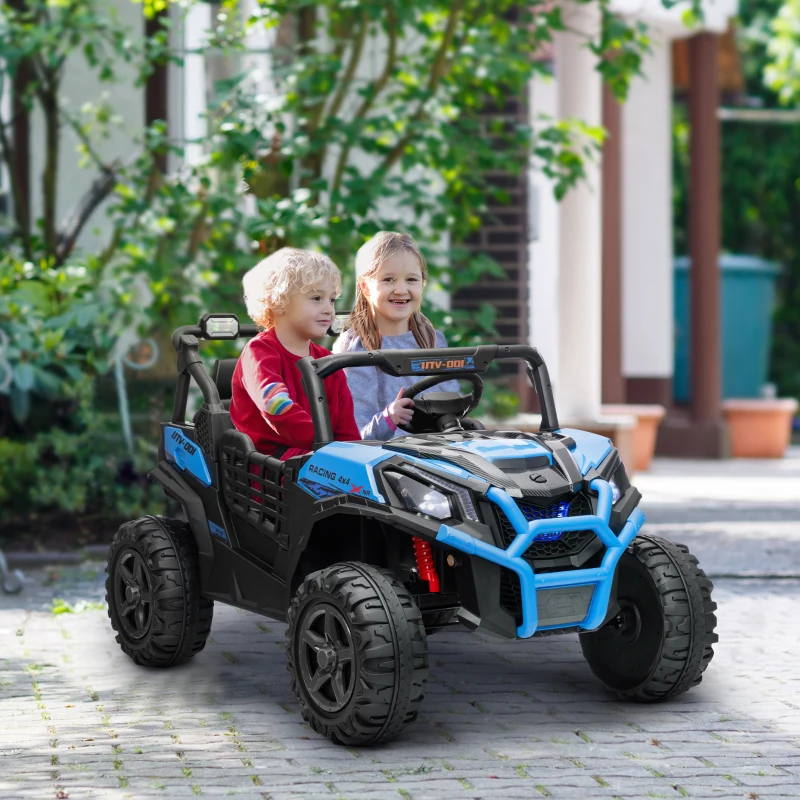 Qaba 2 Seater 24V Electric Car for Kids w/ Remote Control, 3 Speed, LED Lights, Music, Horn, Spring Suspension, Blue