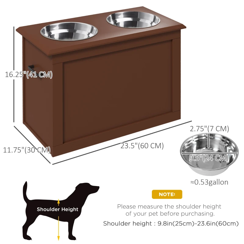 PawHut Elevated Dog Bowls for Large Dogs with Storage 2 Stainless Steel Dog Bowls， Elevated Base for Large Dogs, Brown