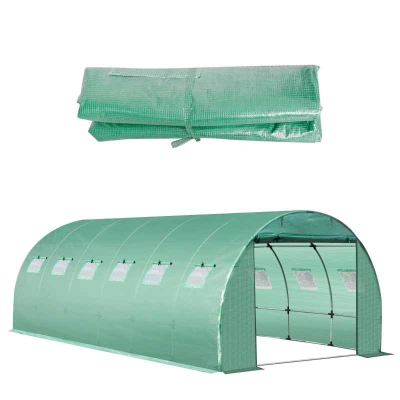 Outsunny 19.7' x 9.8' x 6.6' Plastic Greenhouse Cover Replacement, Heavy Duty Waterproof Tarp for Hoop House, Sheeting with 12 Windows, Door & Reinforcement Grid, Green