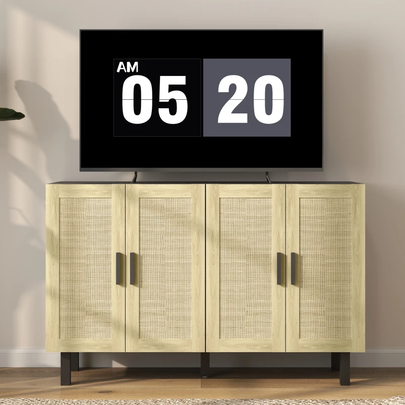 HOMCOM Boho Kitchen Cabinet, Buffet Cabinet with 4 Rattan Doors and Adjustable Shelves for Dining Room, Black and Natural