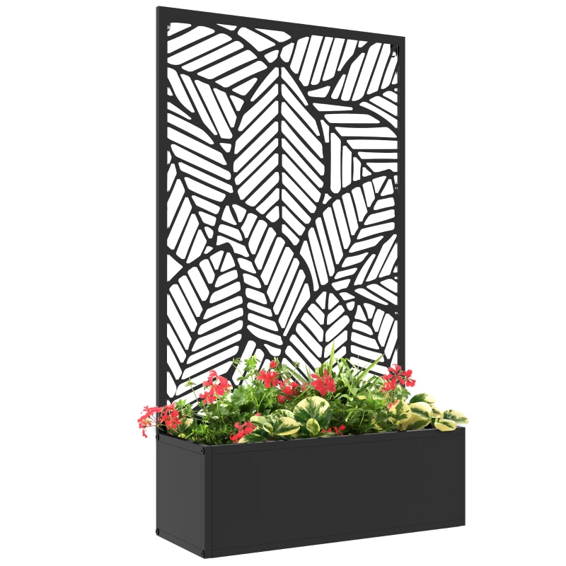 Outsunny Metal Outdoor Raised Garden Bed with Privacy Screen, Privacy Panel and Planter Box, Wall-Mounted or Freestanding, Black