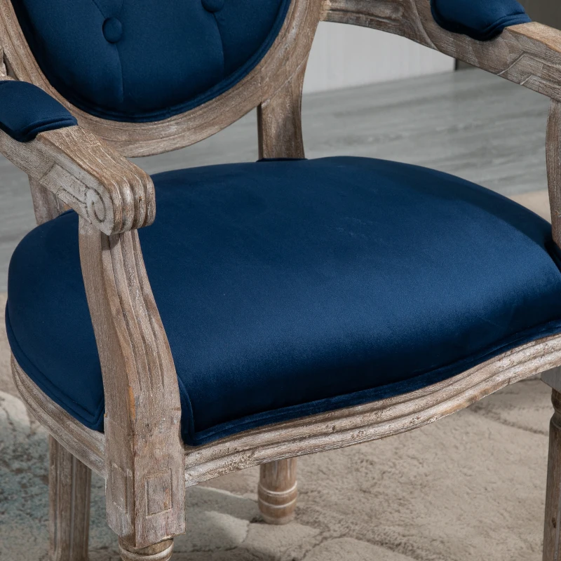 HOMCOM Vintage Dining Chair, French Chic Side Chair with Curved Backrest and Soft Upholstery, Arm Chair for Kitchen, or Living Room, Navy Blue