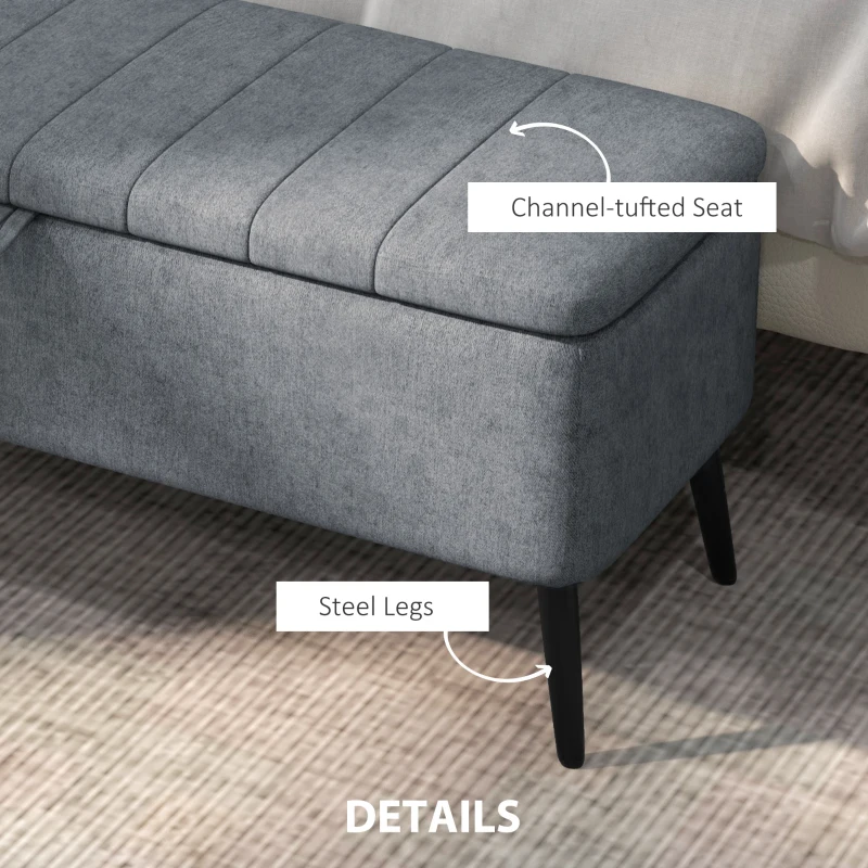 HOMCOM 40" Ottoman with Storage, Linen Upholstered Storage Ottoman Bench with Steel Legs for Living Room, Bedroom Dark Grey