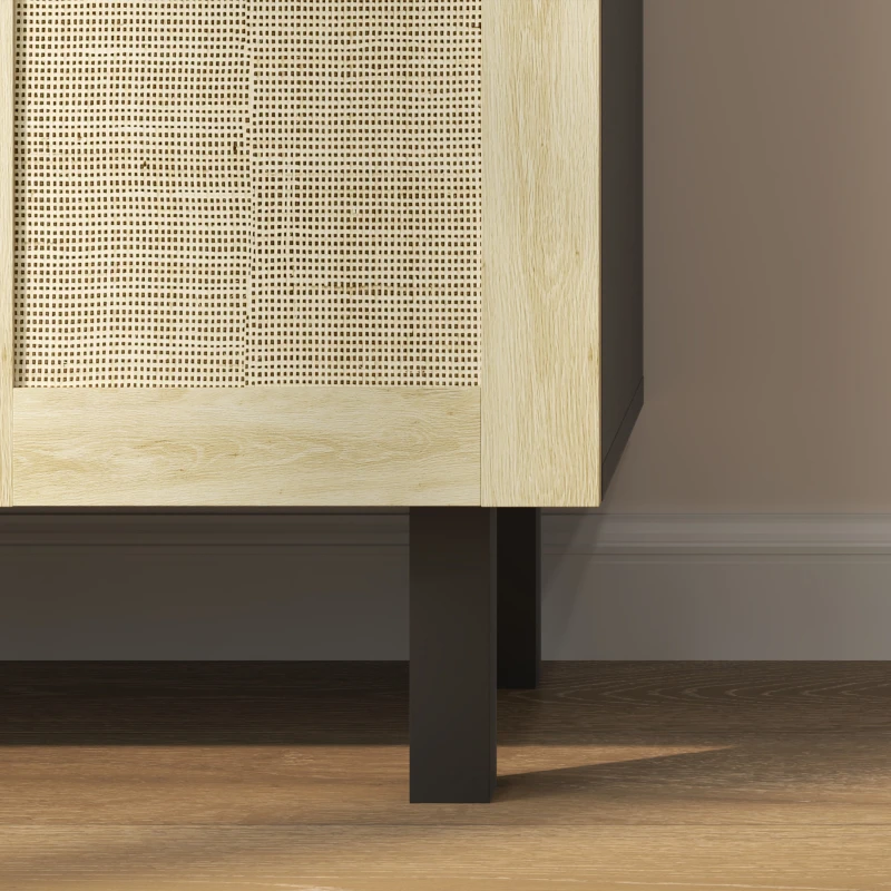 HOMCOM Boho Kitchen Cabinet, Buffet Cabinet with 4 Rattan Doors and Adjustable Shelves for Dining Room, Black and Natural