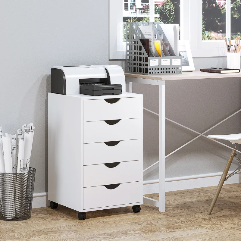 HOMCOM 5 Drawer Home Office Storage Cabinet, Mobile Printer Stand with Nordic Minimalist Modern Style & Wheels, White