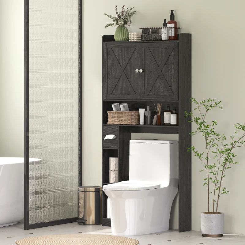 HOMCOM Farmhouse Over the Toilet Cabinet with Barn Doors, Over the Toilet Storage Cabinet with Adjustable Shelf, Black