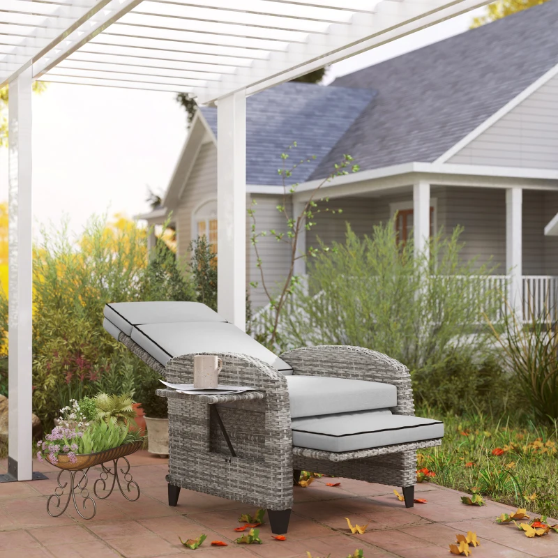 Outsunny Outdoor Recliner Chair with Cushions, Reclining Patio Lounge Chair with Adjustable Footrest, Armrests, Tray Table, Gray