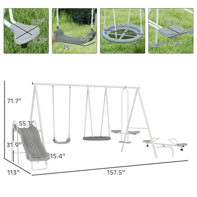 Outsunny 5 in 1 Kids Swing Set for Backyard with Heavy-Duty A-Frame Stand, Saucer Swing, Slide, Seesaw, Glider, Swing Seat, Gray