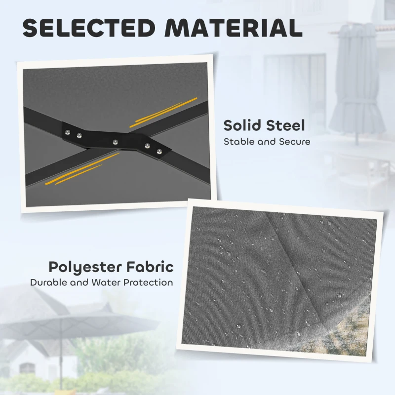 Outsunny Garden Parasol, Double-Sided Sun Umbrella with LED Solar Lights, Patio Parasol for Outdoor, Gray