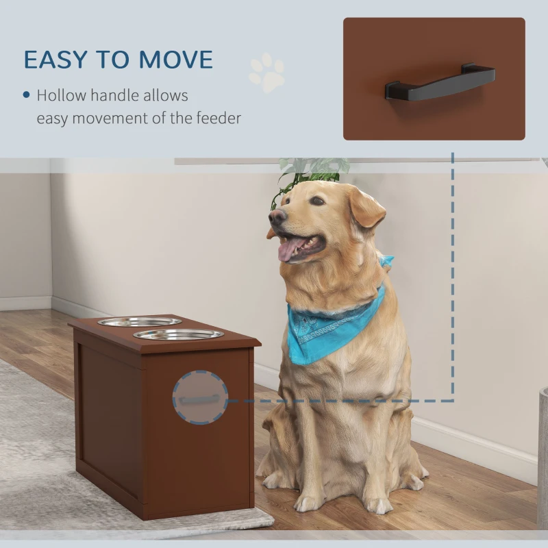 PawHut Elevated Dog Bowls for Large Dogs with Storage 2 Stainless Steel Dog Bowls， Elevated Base for Large Dogs, Brown