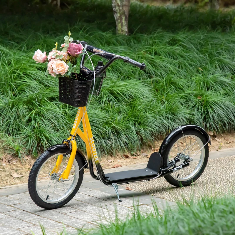 Aosom Kick Scooter with Adjustable Handlebar, Kids Scooter with 2 Brakes Basket Cupholder 16" Inflatable Rubber Tyres Orange