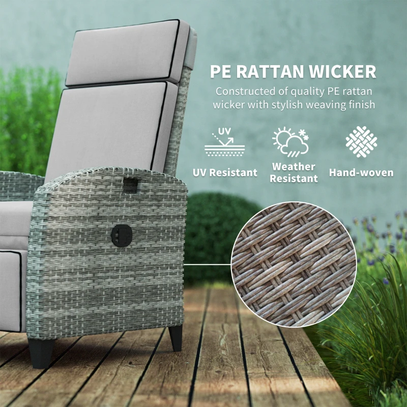 Outsunny Outdoor Recliner Chair with Cushions, Reclining Patio Lounge Chair with Adjustable Footrest, Armrests, Tray Table, Gray
