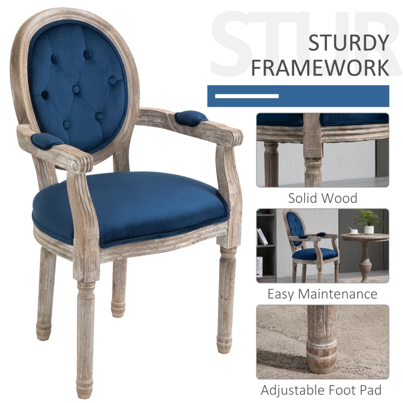 HOMCOM Vintage Dining Chair, French Chic Side Chair with Curved Backrest and Soft Upholstery, Arm Chair for Kitchen, or Living Room, Navy Blue