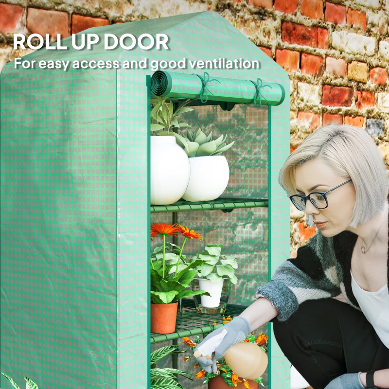 Outsunny 3 Tier Mini Greenhouse, Portable Flower Stand with Shelf Clips, Indoor Greenhouse with Steel Frame, Green