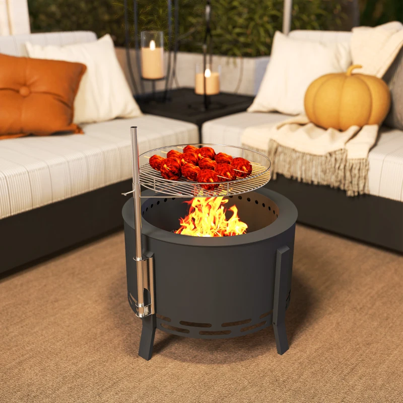 Outsunny Outdoor Fire Pit, Round Firepit with Grill Grate, Fire Bowl with Ash Catcher and Poker for Backyard Camping Bonfire Picnic, Black