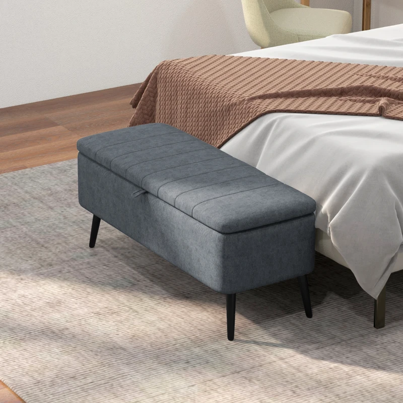 HOMCOM 40" Ottoman with Storage, Linen Upholstered Storage Ottoman Bench with Steel Legs for Living Room, Bedroom Dark Grey