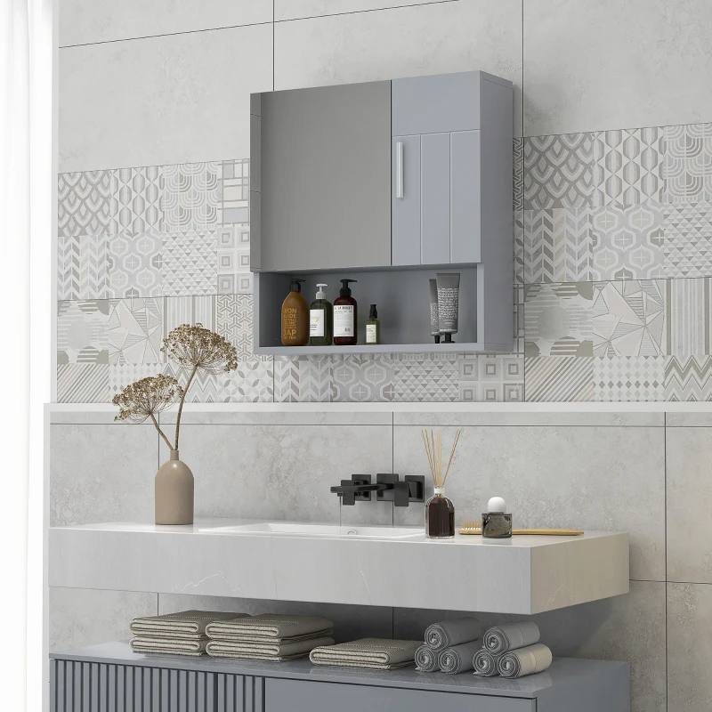 kleankin Bathroom Mirror Cabinet, Wall Mounted Medicine Cabinet with Double Doors and Adjustable Shelf, Grey
