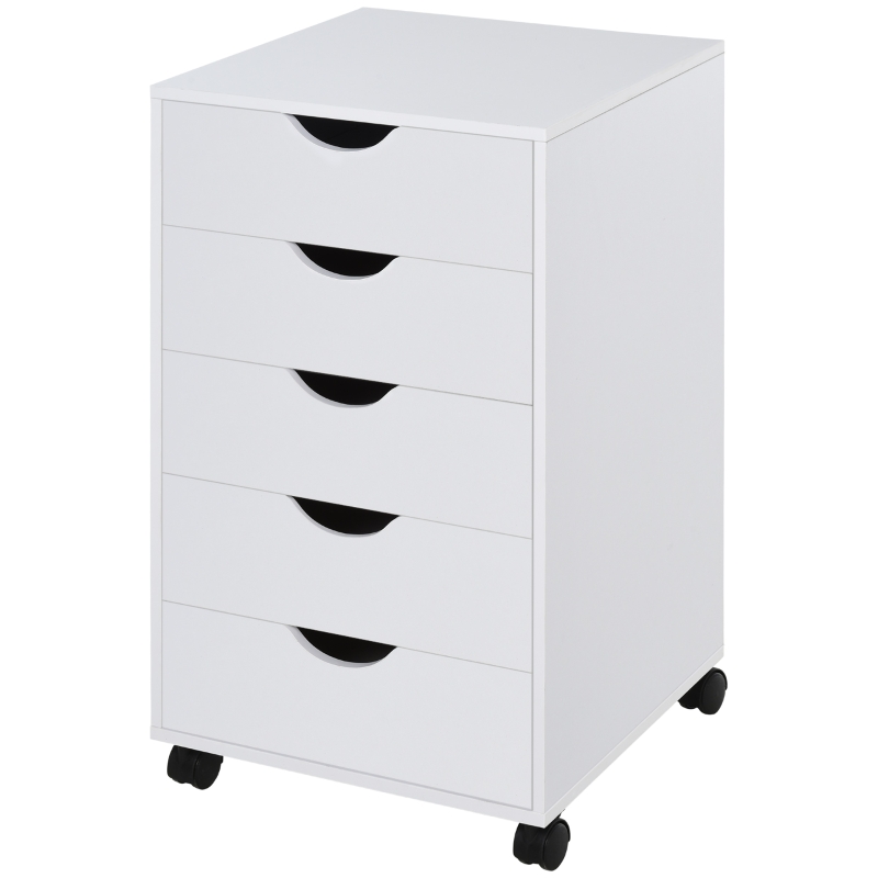 HOMCOM 5 Drawer Home Office Storage Cabinet, Mobile Printer Stand with Nordic Minimalist Modern Style & Wheels, White