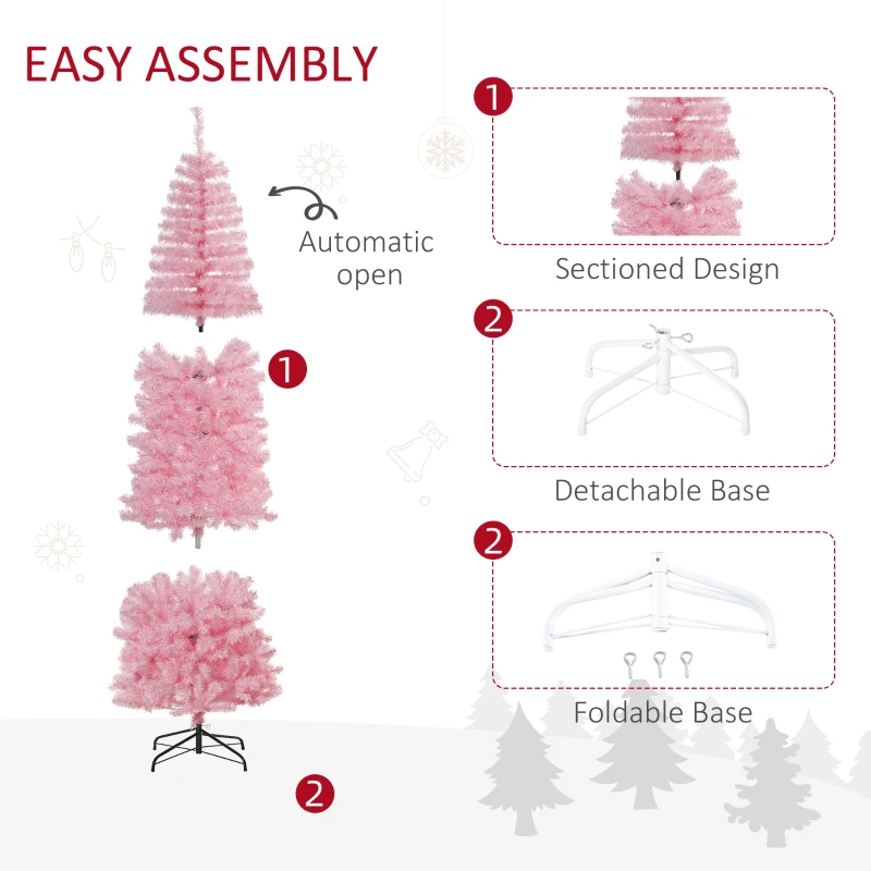 HOMCOM 7FT Artificial Christmas Tree Holiday Xmas Holiday Pencil Tree Decoration with Automatic Open for Home Party, Pink