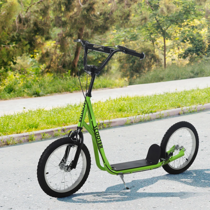 Aosom Kids Kick Scooter for 5+ Year Old, Kids Ride on Toy w/ 16'' Inflatable Wheel Dual Brakes, Green