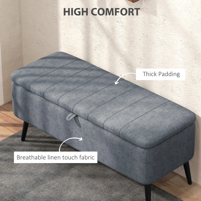 HOMCOM 40" Ottoman with Storage, Linen Upholstered Storage Ottoman Bench with Steel Legs for Living Room, Bedroom Dark Grey