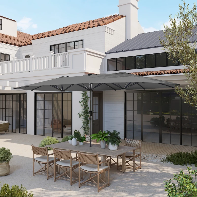 Outsunny Garden Parasol, Double-Sided Sun Umbrella with LED Solar Lights, Patio Parasol for Outdoor, Gray