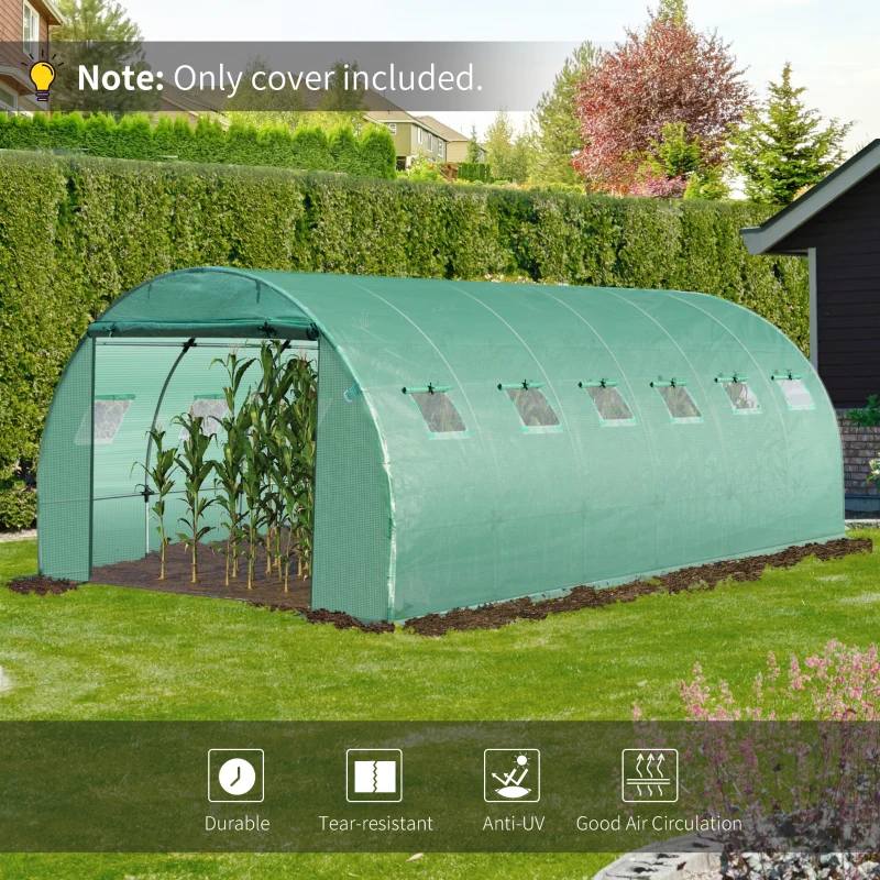 Outsunny 19.7' x 9.8' x 6.6' Plastic Greenhouse Cover Replacement, Heavy Duty Waterproof Tarp for Hoop House, Sheeting with 12 Windows, Door & Reinforcement Grid, Green