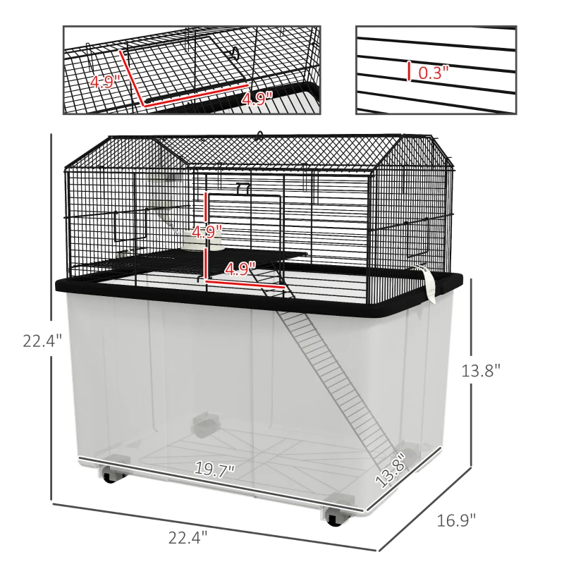 PawHut 22" 2-Tier Hamster Cage with Extra-Deep 14" Base, Small Animal Cage with Ramp, Water Bottle, Food Dish, Wheels, Black