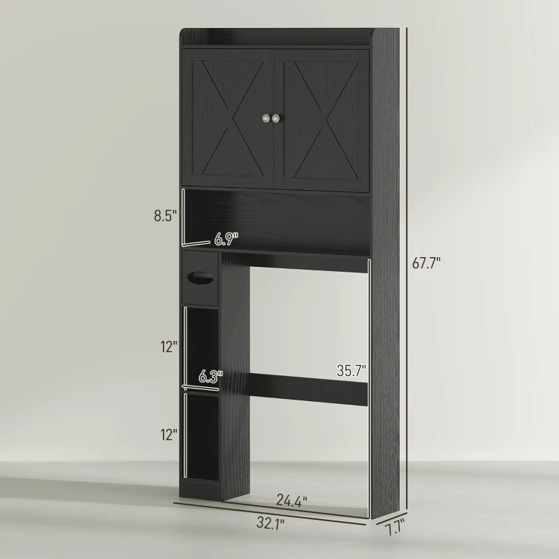 HOMCOM Farmhouse Over the Toilet Cabinet with Barn Doors, Over the Toilet Storage Cabinet with Adjustable Shelf, Black