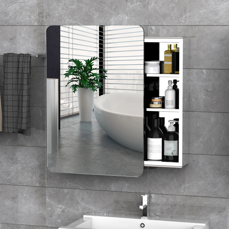 kleankin Wall-Mounted Mirror Cabinet, Bathroom Medicine Cabinet with Mirror, Sliding Door and 3-tier Storage Shelf, Stainless Steel Frame, Silver