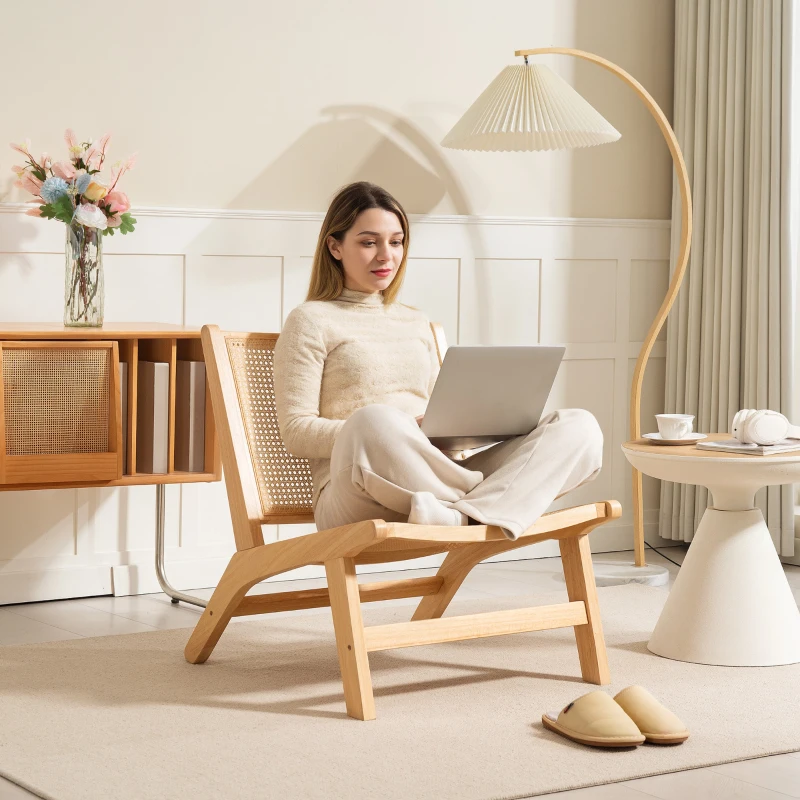 HOMCOM Rattan Accent Chair, Mid-Century Leisure Chair with Rubber Wood Frame, for Bedroom Living Room, Natural