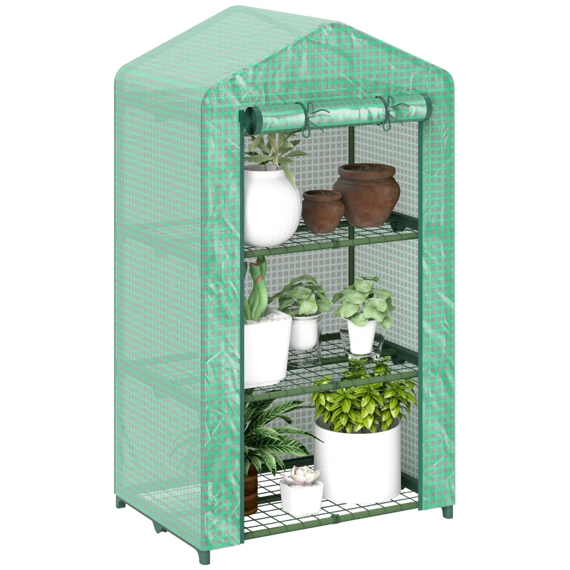 Outsunny 3 Tier Mini Greenhouse, Portable Flower Stand with Shelf Clips, Indoor Greenhouse with Steel Frame, Green