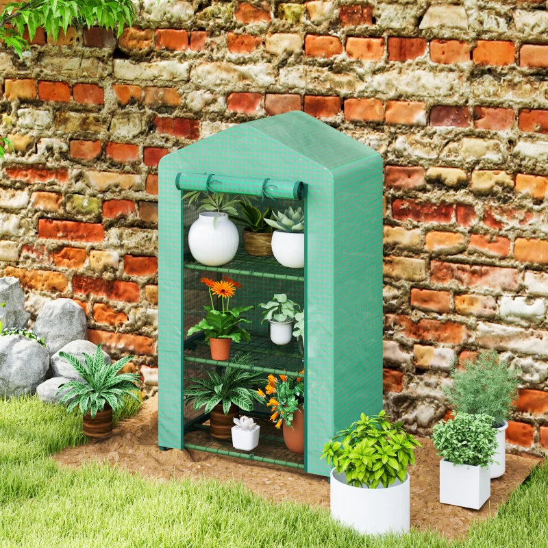 Outsunny 3 Tier Mini Greenhouse, Portable Flower Stand with Shelf Clips, Indoor Greenhouse with Steel Frame, Green