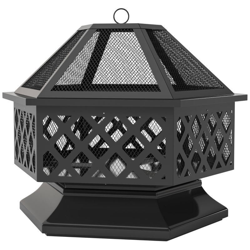 Outsunny 28" Outdoor Fire Pit with Grill Hexagon Fireplace Wood Burning Firepit with Cooking Grate, Fire Poker, Spark Screen Lid