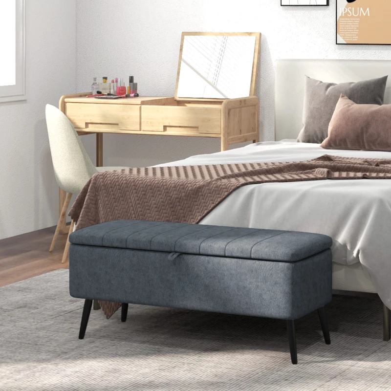 HOMCOM 40" Ottoman with Storage, Linen Upholstered Storage Ottoman Bench with Steel Legs for Living Room, Bedroom Dark Grey