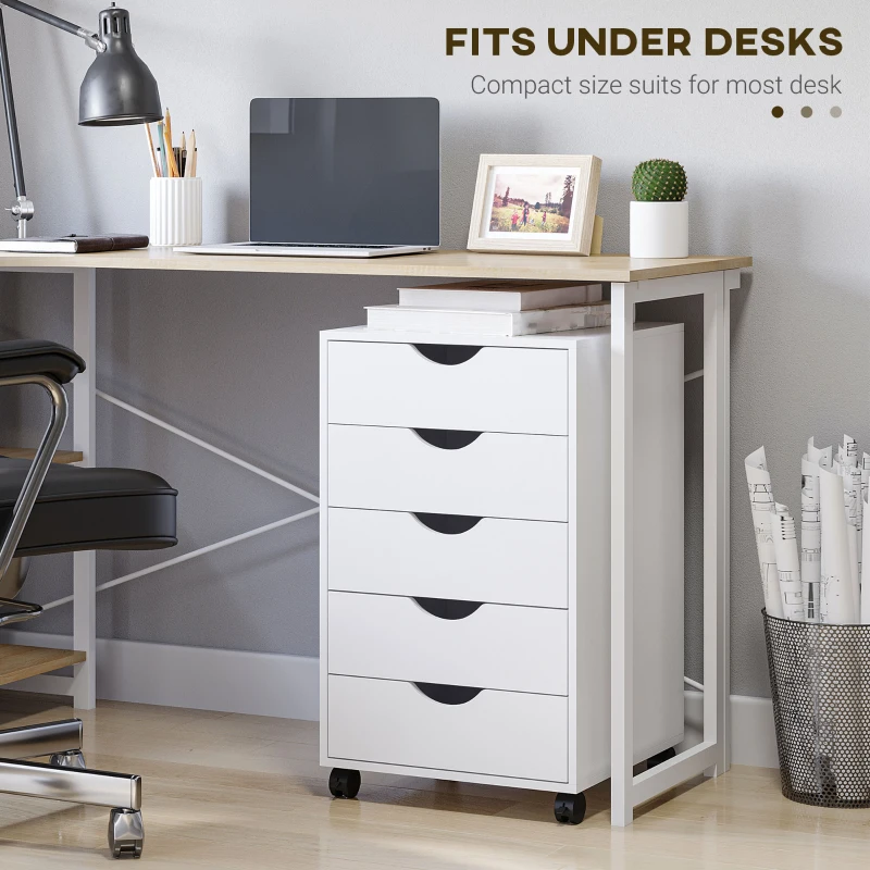 HOMCOM 5 Drawer Home Office Storage Cabinet, Mobile Printer Stand with Nordic Minimalist Modern Style & Wheels, White