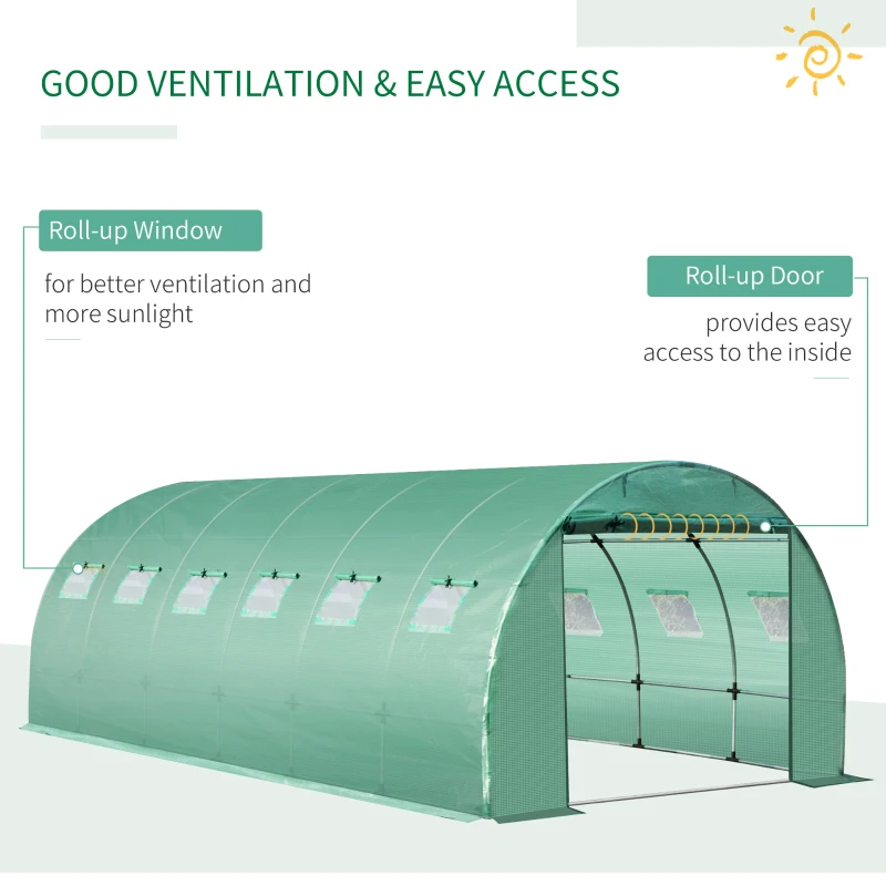 Outsunny 19.7' x 9.8' x 6.6' Plastic Greenhouse Cover Replacement, Heavy Duty Waterproof Tarp for Hoop House, Sheeting with 12 Windows, Door & Reinforcement Grid, Green