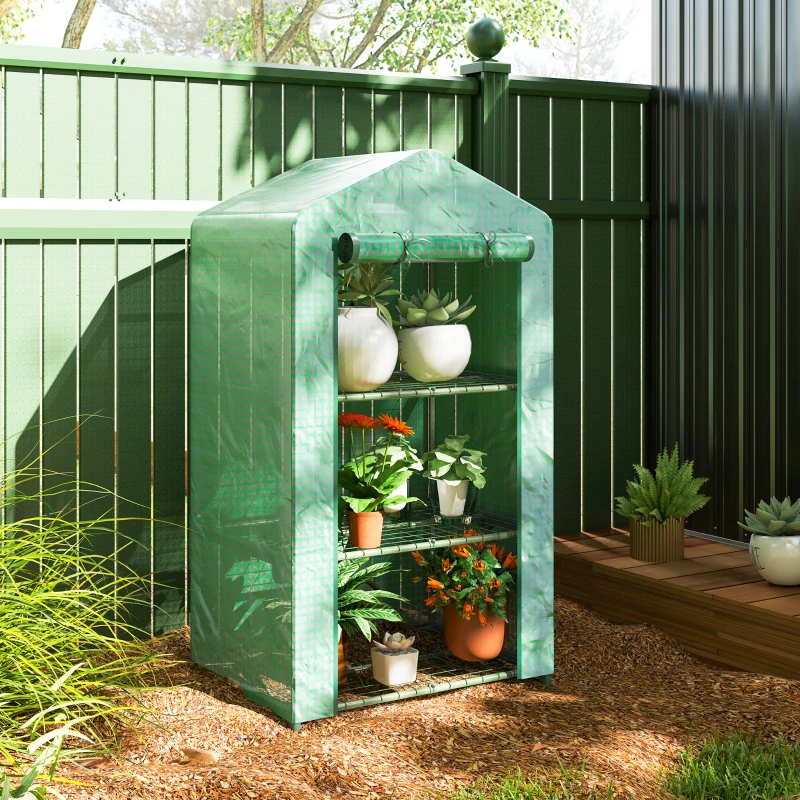 Outsunny 3 Tier Mini Greenhouse, Portable Flower Stand with Shelf Clips, Indoor Greenhouse with Steel Frame, Green