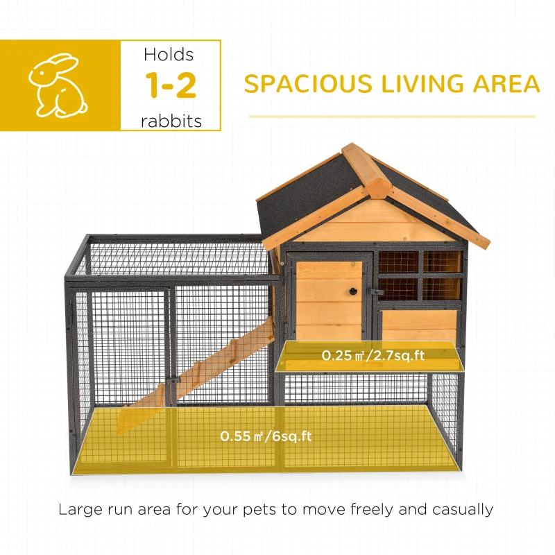 PawHut Wood-Metal Large Rabbit Hutch Bunny Cage Pet House Small Animal Habitat with Slide-Out Tray, Lockable Door, Water-Resistant Asphalt Roof, Outdoor Indoor Use, 48"x25"x36"