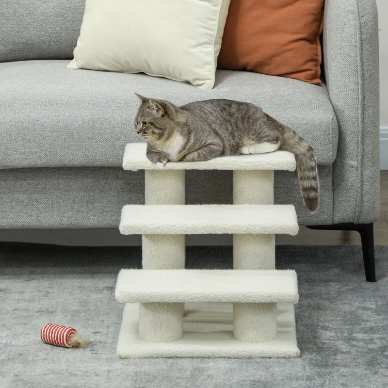 PawHut 18" 3 Tier Pet Stairs Dog Cat Step Scratch Post Furniture, Beige