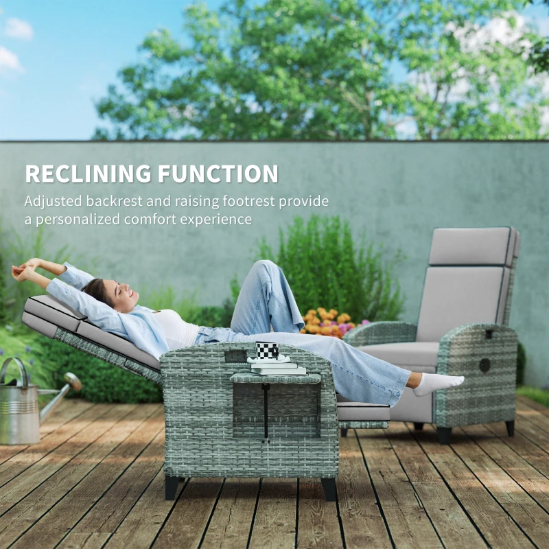 Outsunny Outdoor Recliner Chair with Cushions, Reclining Patio Lounge Chair with Adjustable Footrest, Armrests, Tray Table, Gray